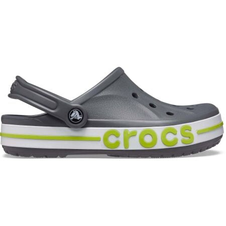 Gray and white Crocs clog with green logo on a white background