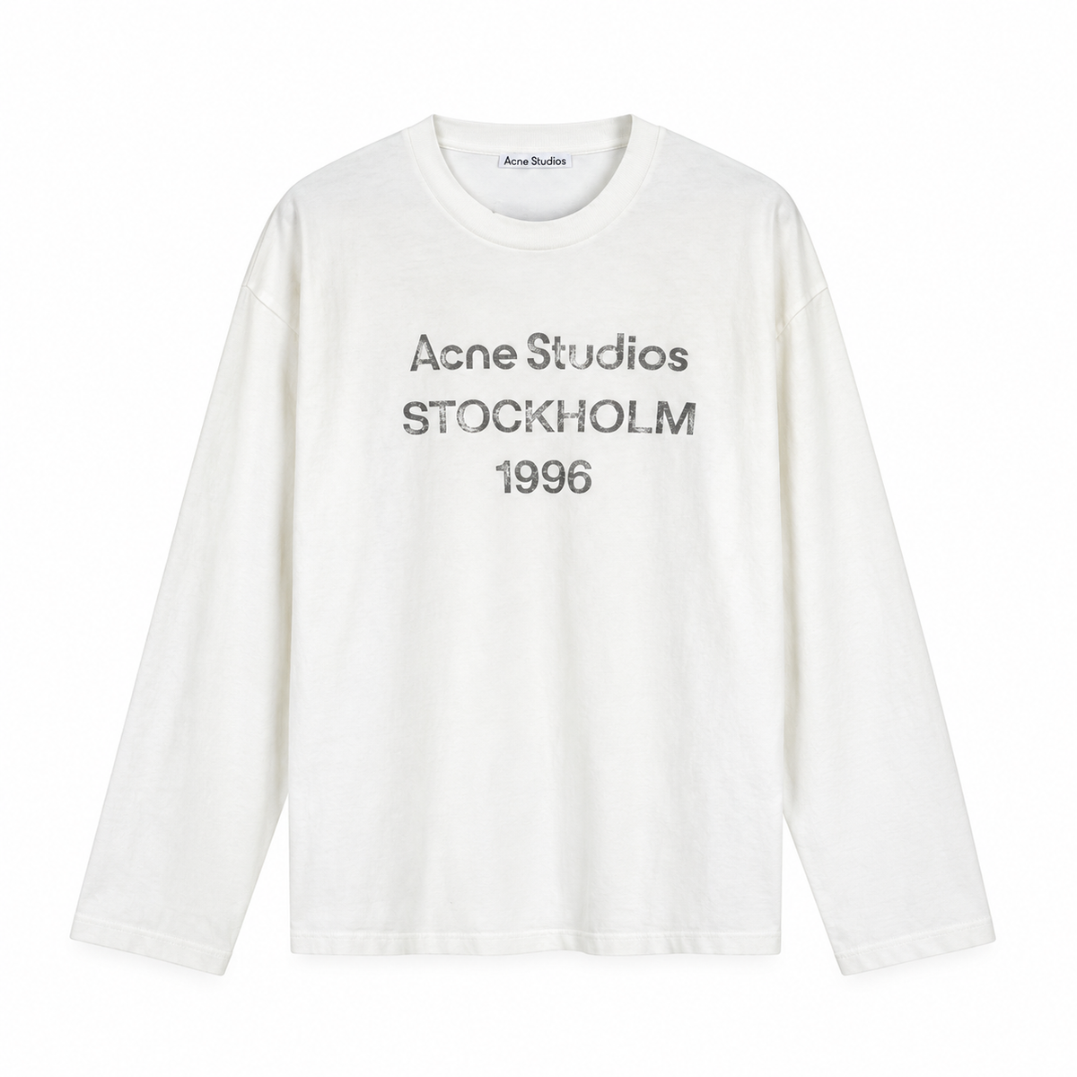 A white long-sleeve t-shirt with 'Acne Studios STOCKHOLM 1996' printed in gray text on the chest, displayed on a clean white background.