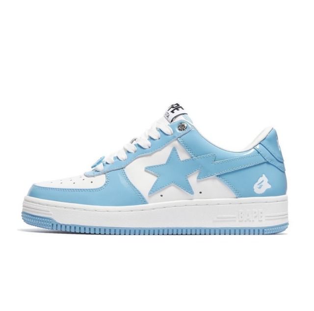 Light blue and white sneaker with a star design on a white background