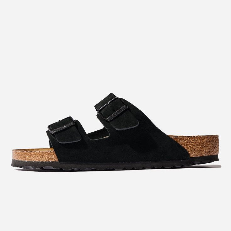 Birkenstock Arizona Black suede sandals - side profile on cushioned footbed