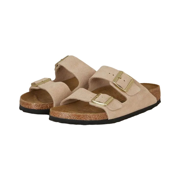 Birkenstock Arizona Beige sandals - front pair view showing adjustable buckle strap