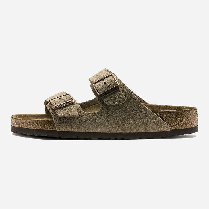 Birkenstock Arizona Khaki Gold suede sandals - side profile on cushioned footbed