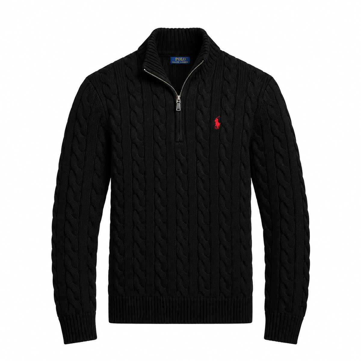 A black cable-knit quarter-zip sweater by Polo Ralph Lauren, featuring a ribbed mock neck, long sleeves, and the signature red polo player logo on the left chest, displayed against a solid white background.