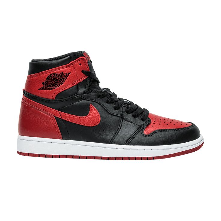 A classic high-top sneaker in black and red leather with a white midsole, featuring the Air Jordan Wings logo on the ankle and a red Swoosh on the side.