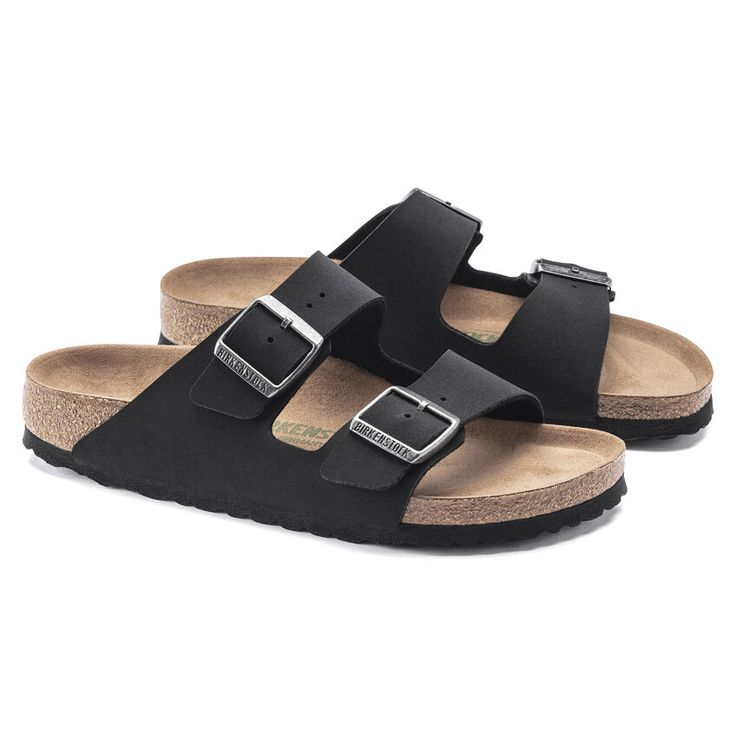 Birkenstock Arizona Black nubuck sandals - front pair view with adjustable buckle strap