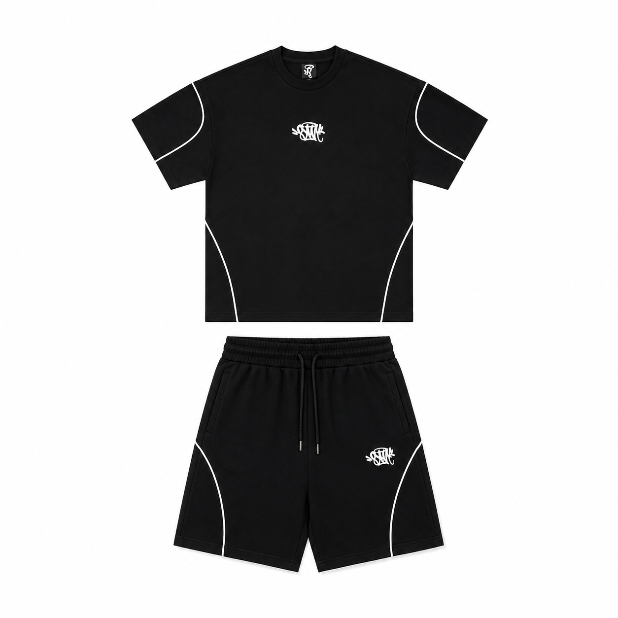 A two-piece athletic set consisting of a black short-sleeve t-shirt and matching black shorts, both featuring white contrast piping and a small white 'SYNA' logo on the chest and left leg.