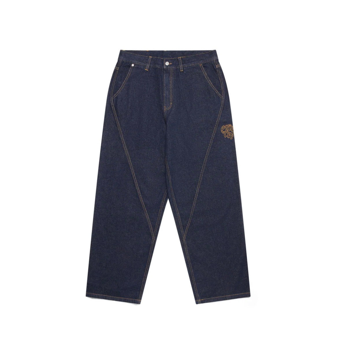 Dark blue jeans with a brand logo on a white background