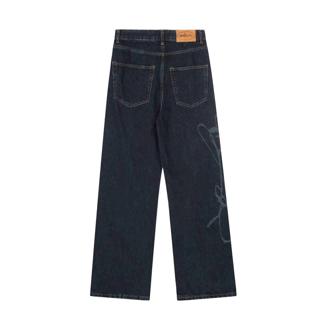 Corteiz Raw Denim Jeans - "Washed Dark Blue"