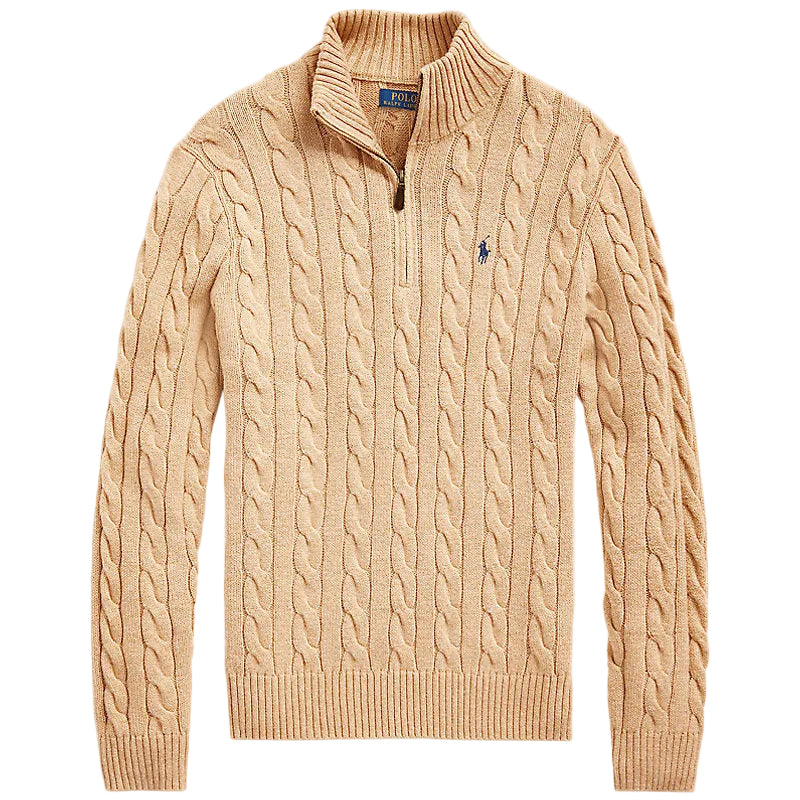 Beige cable knit sweater with a brand logo on a light beige background