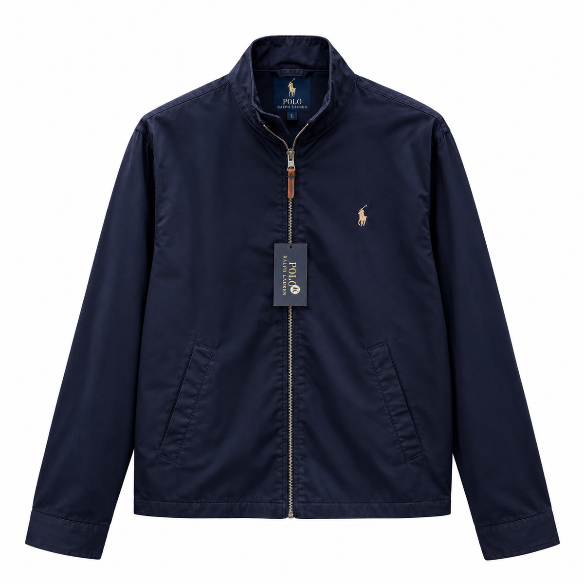 A navy blue Polo Ralph Lauren zip-up jacket with a small embroidered polo player logo on the left chest, displayed on a clean white background with its hangtag visible.
