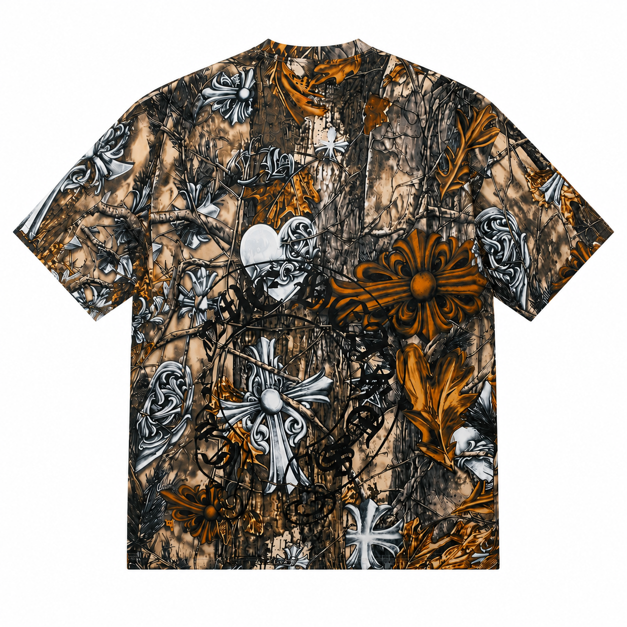 A short-sleeve crewneck t-shirt featuring an all-over camouflage-style print of brown tree bark, black branches, and white crosses, with orange-brown floral accents.