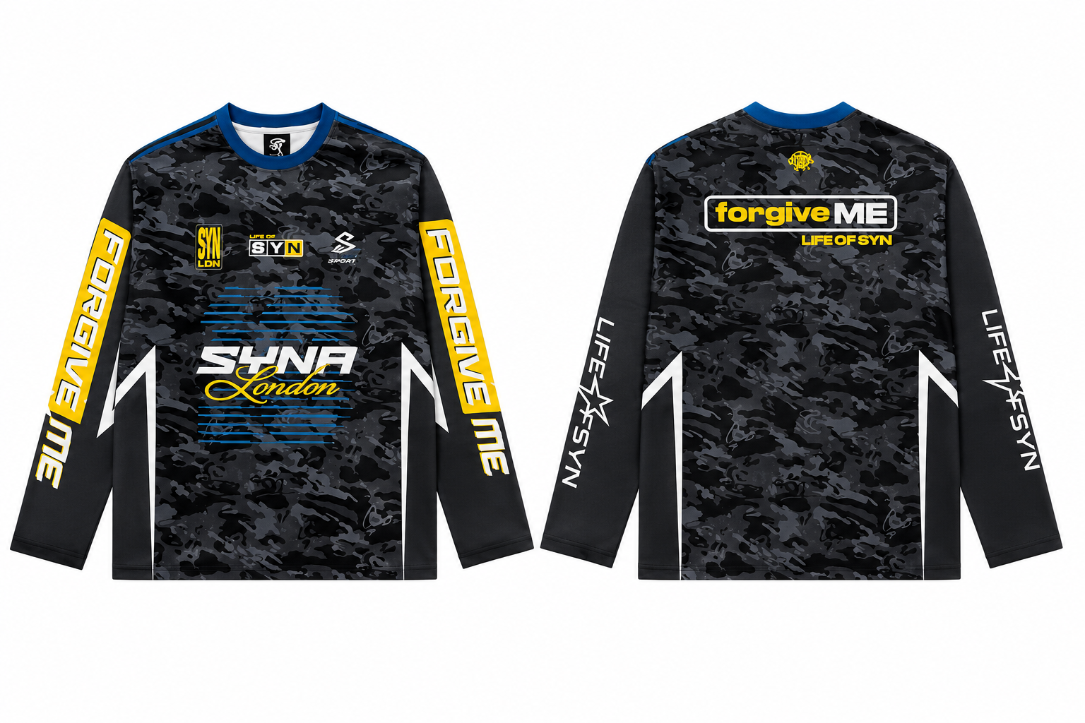 Front and back views of a long-sleeve athletic jersey in a dark gray and black camouflage pattern, featuring yellow and white text and graphics including 'FORGIVE ME', 'LIFE OF SYN', and 'SYNA London'.