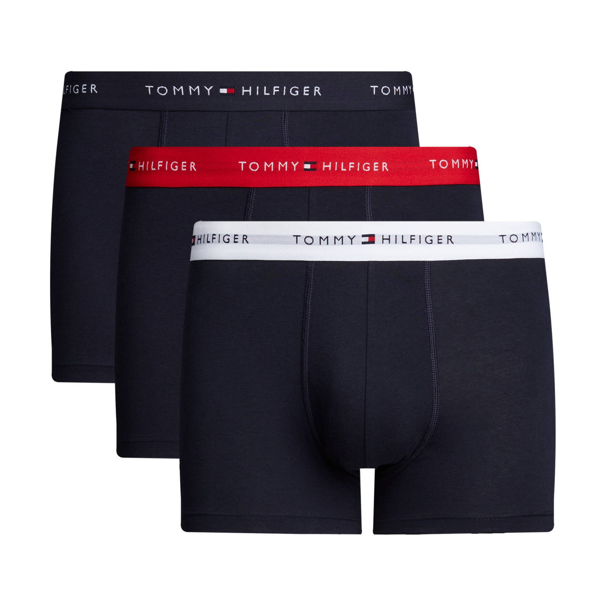 Two pairs of Tommy Hilfiger men's boxer briefs with different colored waistbands on a white background.