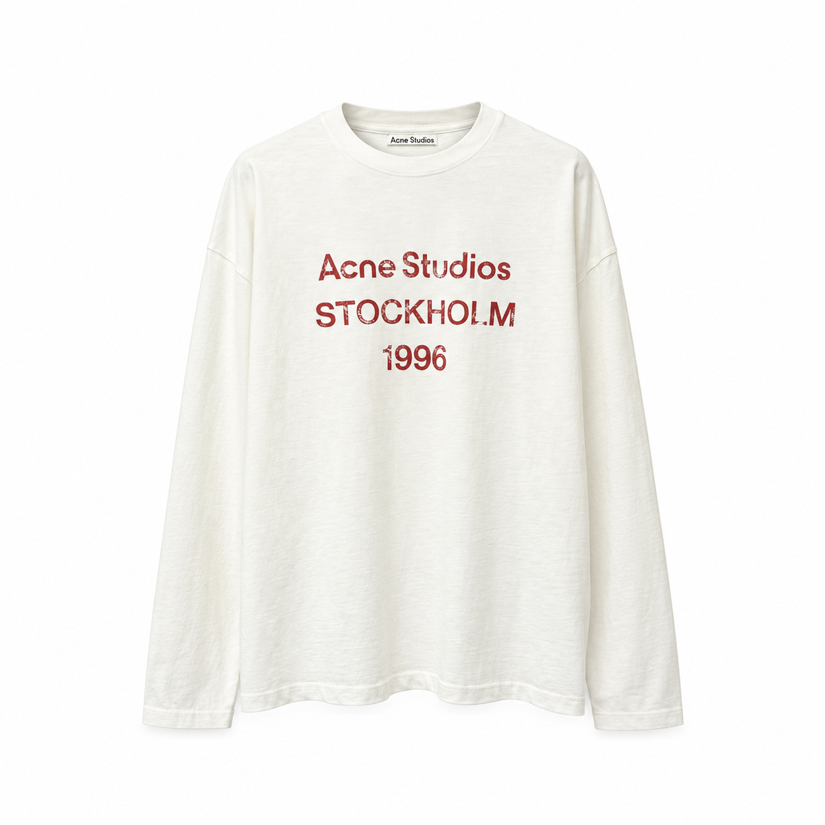 An off-white long-sleeve t-shirt with red text reading 'Acne Studios STOCKHOLM 1996' printed on the chest, displayed against a plain white background.