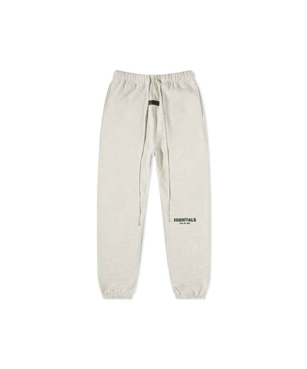 Essentials beige fleece sweatpants with leg print and drawcord