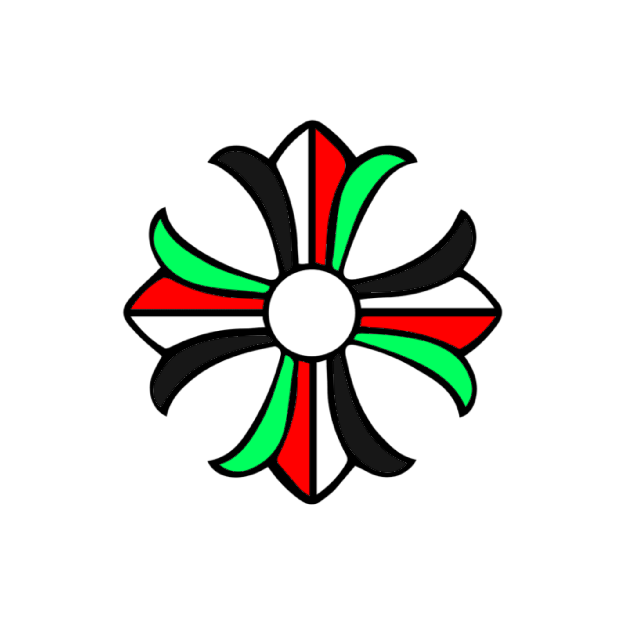 A stylized six-petal flower or wheel emblem with alternating black, red, green, and white curved petals around a white center, shown on a plain white background.