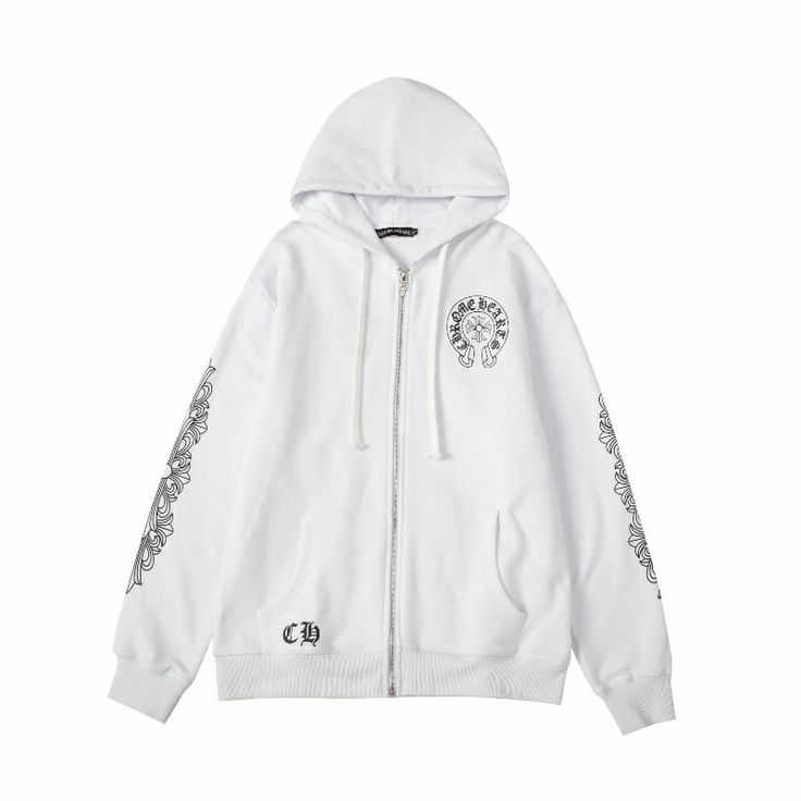 White hoodie with black designs on a white background