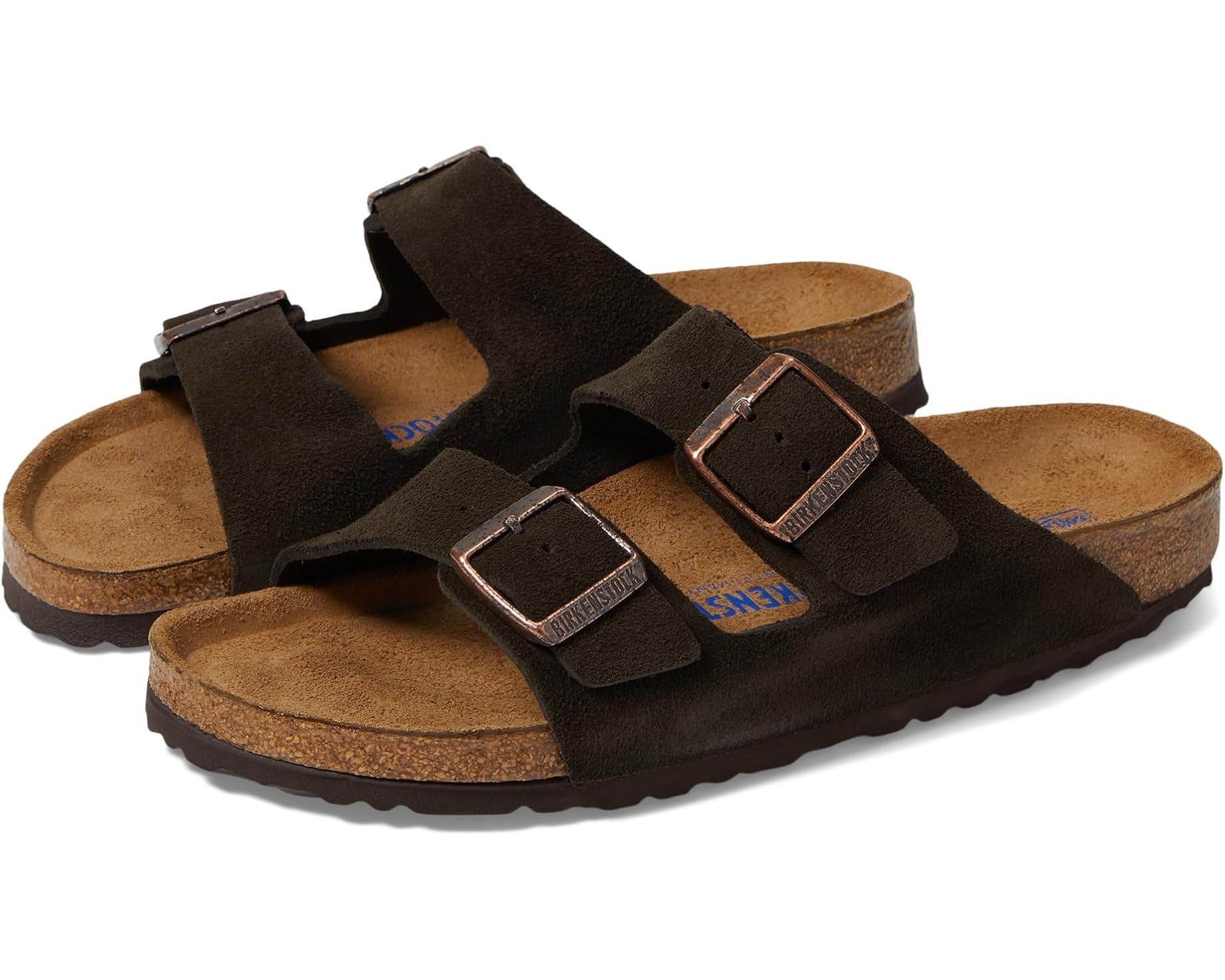 Birkenstock Arizona Brown sandals - front pair view with adjustable buckle strap