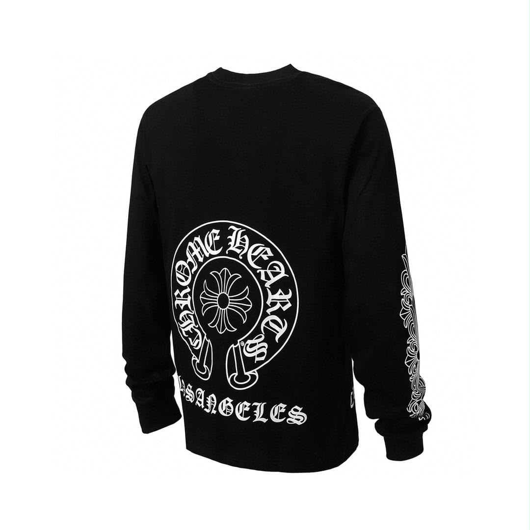 Black long-sleeve shirt with white graphic design on a white background
