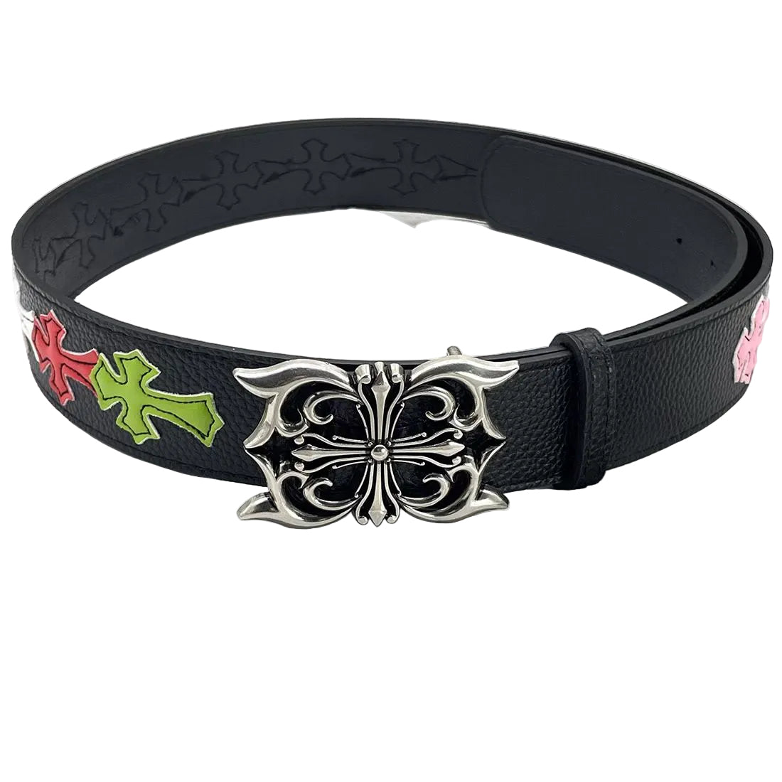 Black belt with colorful floral designs and a silver buckle on a textured surface.