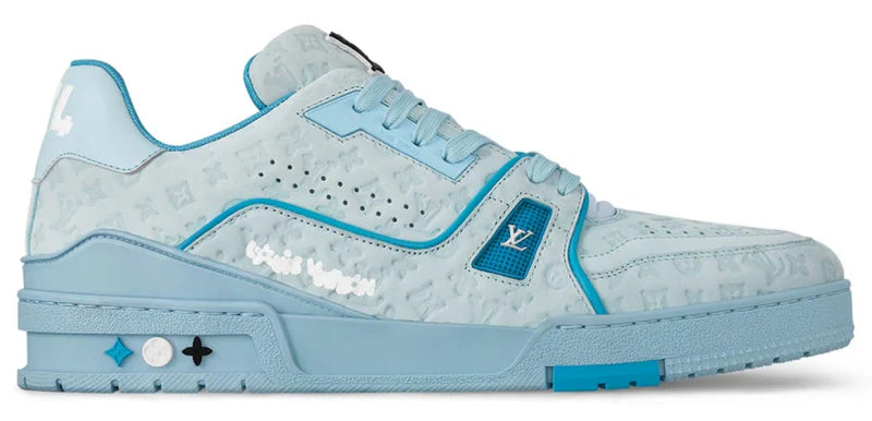 Light blue sneaker with brand logo on a white background