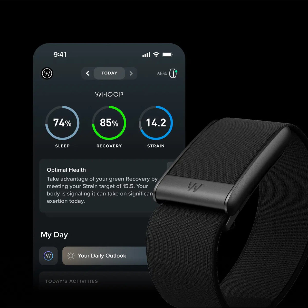 A black smartwatch with a textured strap and a metallic bezel featuring a white 'W' logo, shown alongside a smartphone screen displaying its companion app interface with sleep, recovery, and strain metrics.