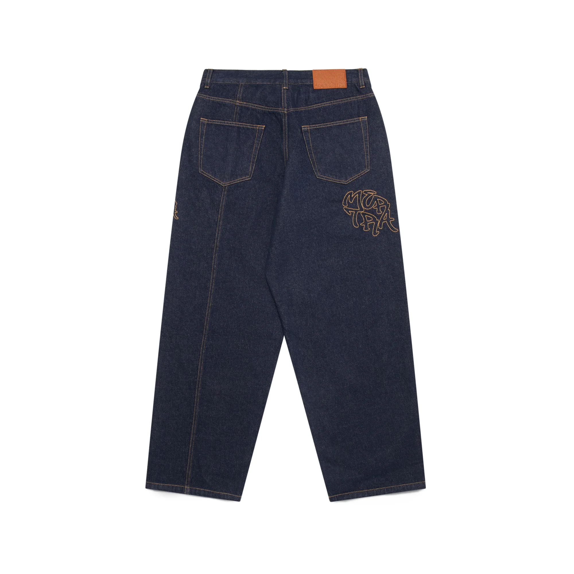 Dark blue jeans with a logo on the back pocket against a white background