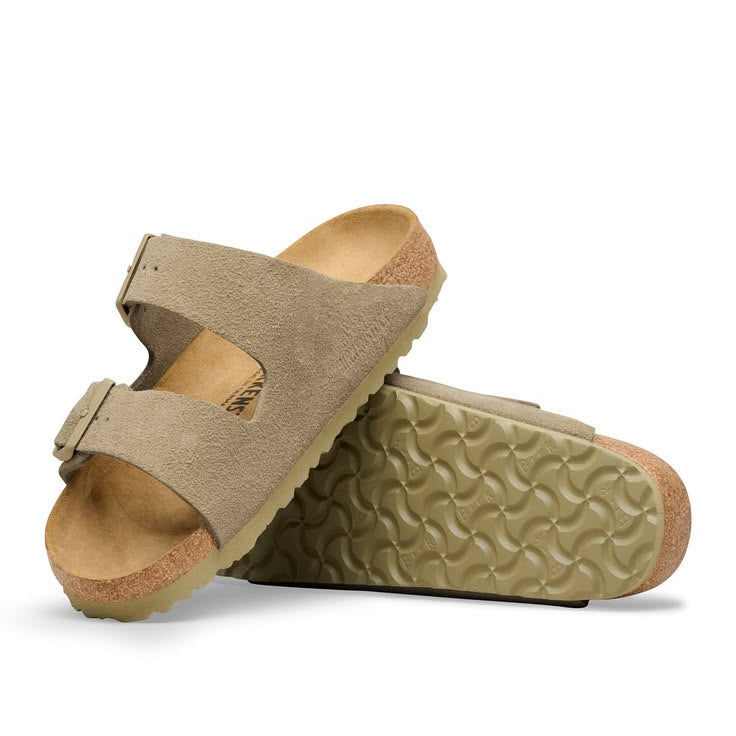 Birkenstock Arizona Khaki Gold suede sandals - front pair view with adjustable buckle