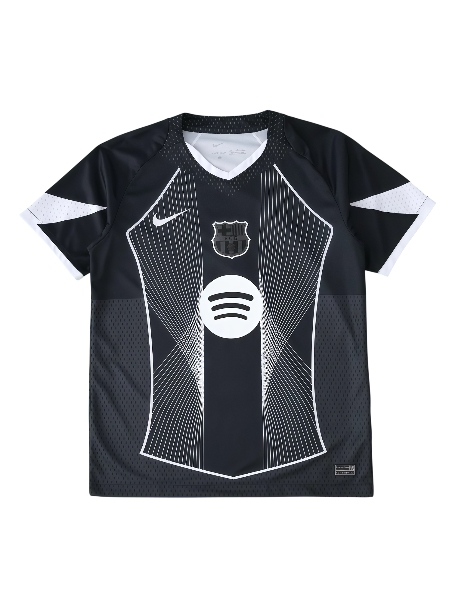 Black sports jersey with white geometric patterns and brand logos on a white background