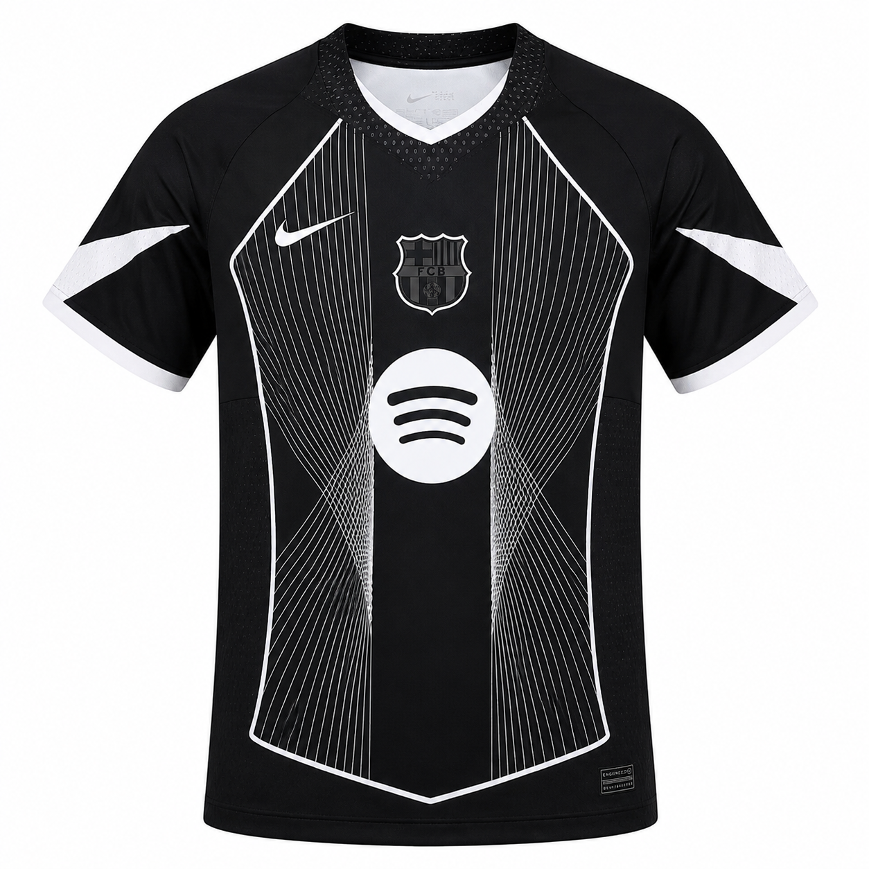 Black and white FC Barcelona soccer jersey with a V-neck, featuring the Nike swoosh, Spotify logo, and club crest on the chest.