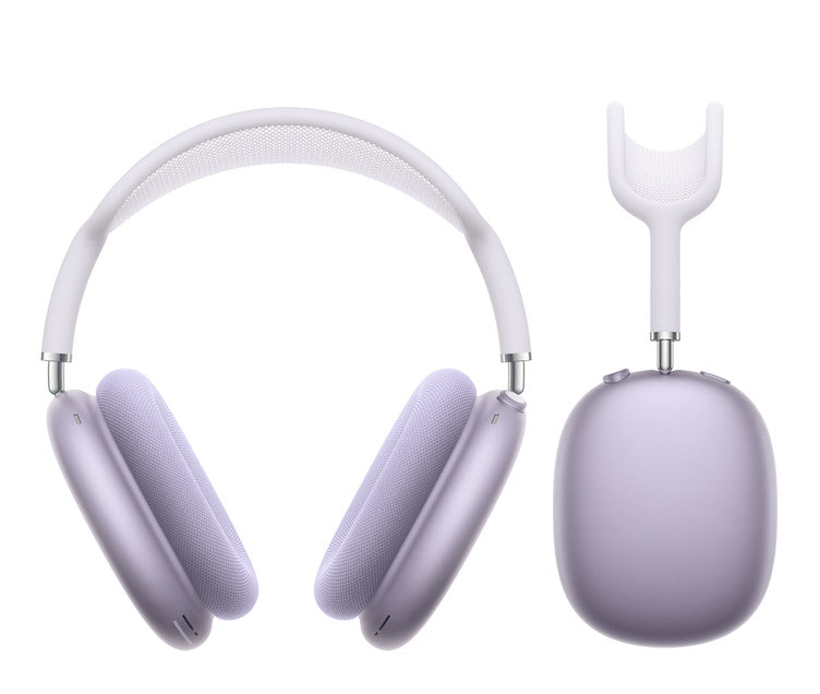 Purple headphones with a white strap on a white background