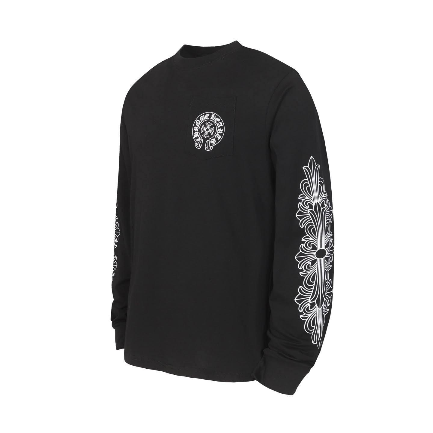 A black long-sleeve crewneck shirt with a white circular graphic on the left chest and a large white floral cross design printed down one sleeve, shown on a plain white background.