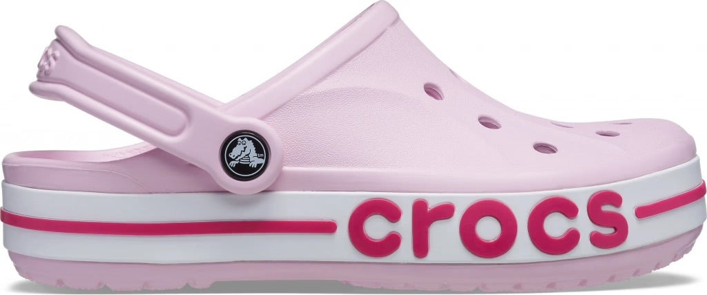 Pink Crocs clog shoe with logo on a white background