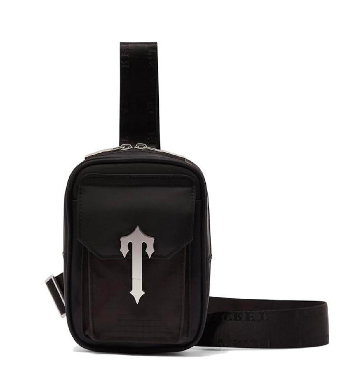 Black crossbody bag with a white logo on a white background