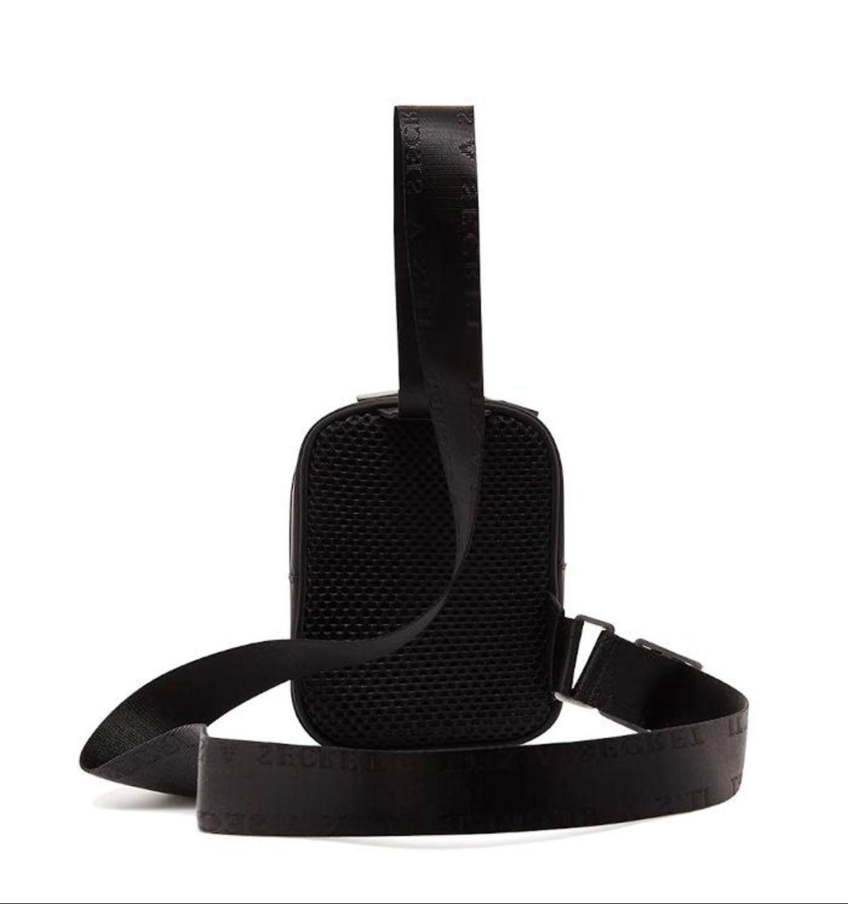 Black textured bag with a strap on a white background