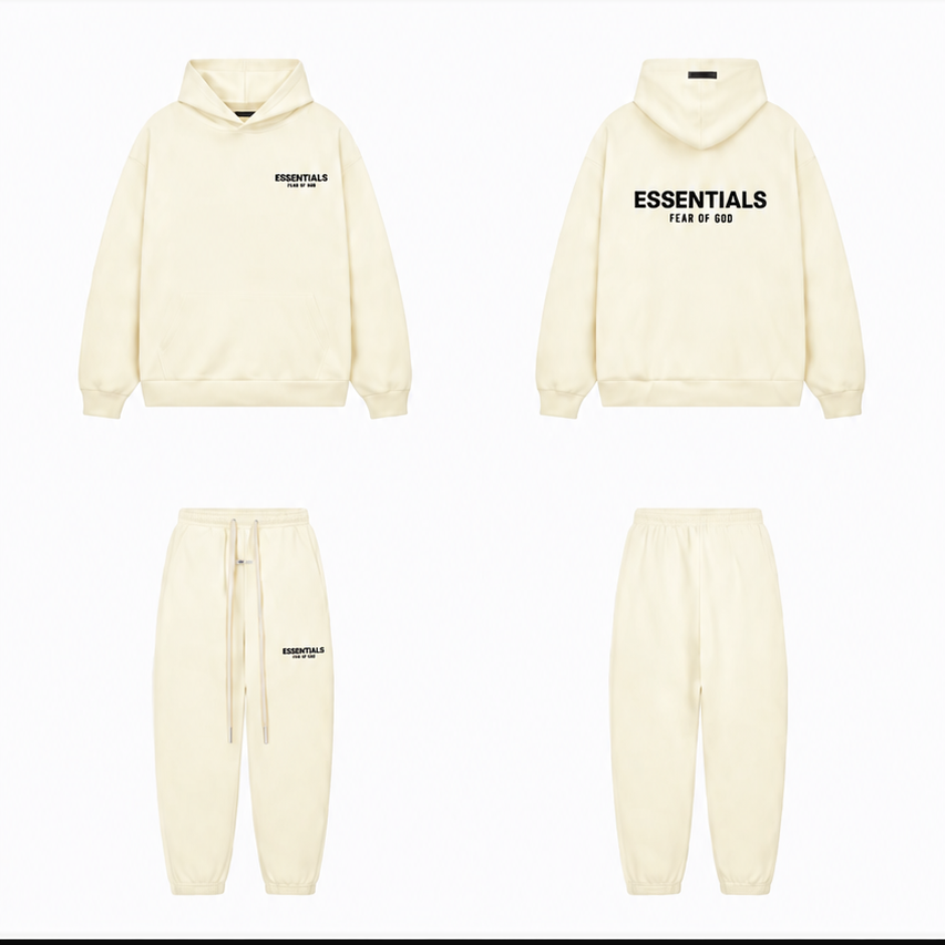 Essentials Fear of God off-white tracksuit set with black ESSENTIALS chest print