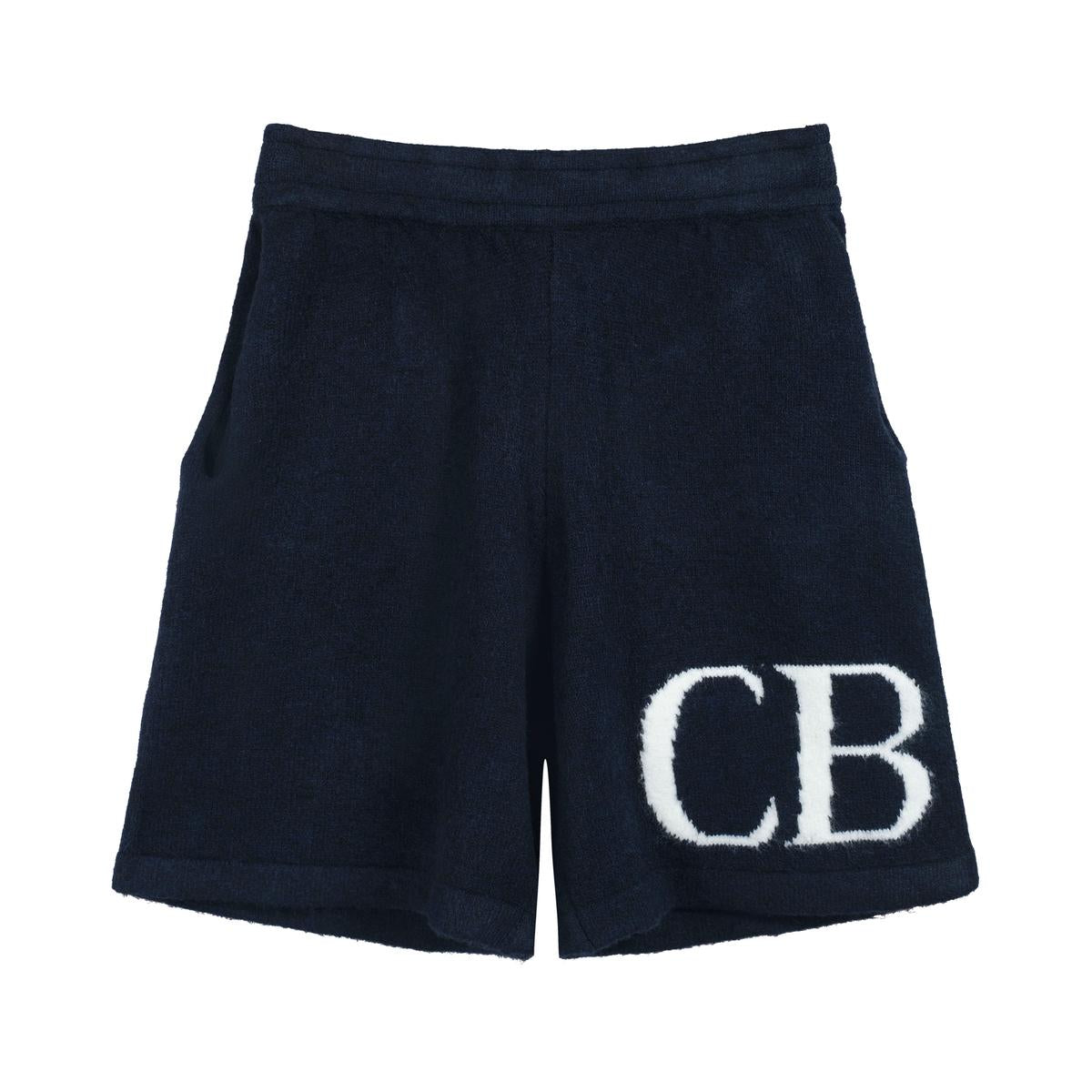Navy shorts with 'CB' logo on a white background