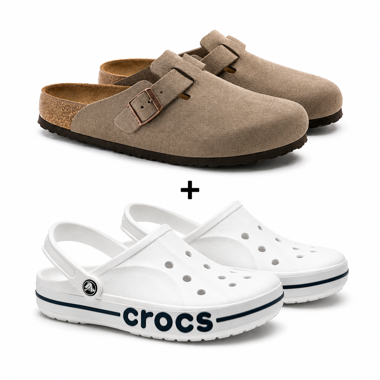 Two pairs of shoes: brown suede clogs and white crocs with a plus sign between them on a white background.