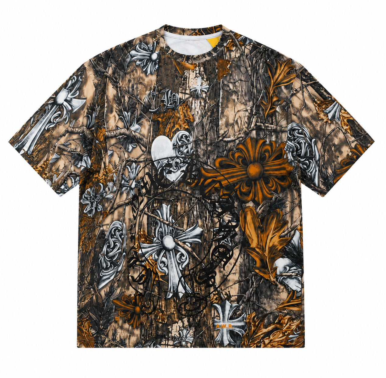 A short-sleeve crewneck t-shirt featuring an all-over graphic print of a brown and black tree bark camouflage pattern mixed with orange, white, and gray gothic illustrations of crosses, skulls, and a heart.