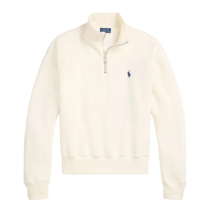 A cream-colored quarter-zip sweatshirt with a small navy blue embroidered Polo Ralph Lauren pony logo on the left chest, displayed on a clean white background.