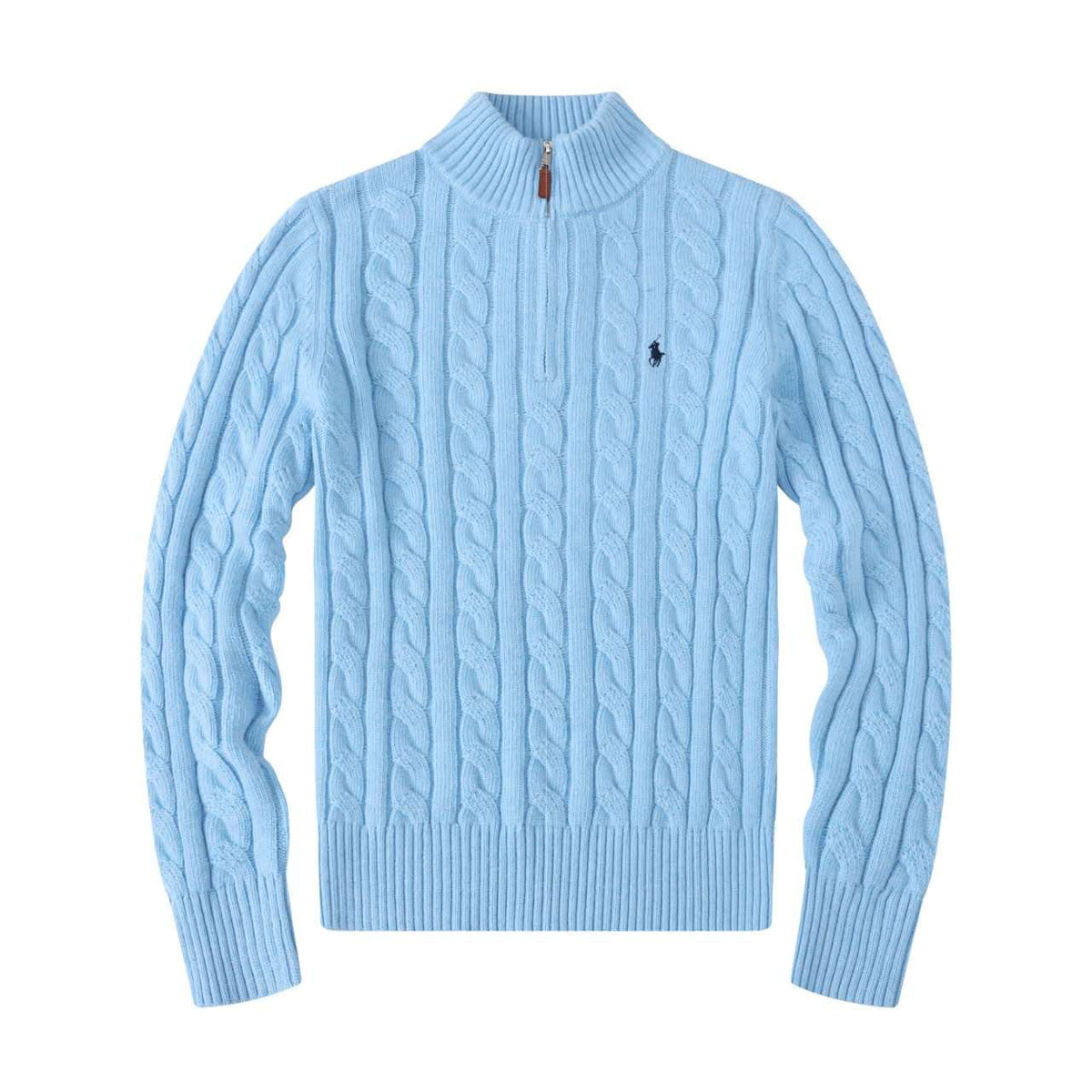 A light blue cable-knit quarter-zip sweater with a small embroidered polo player logo on the left chest, displayed on a clean white background.