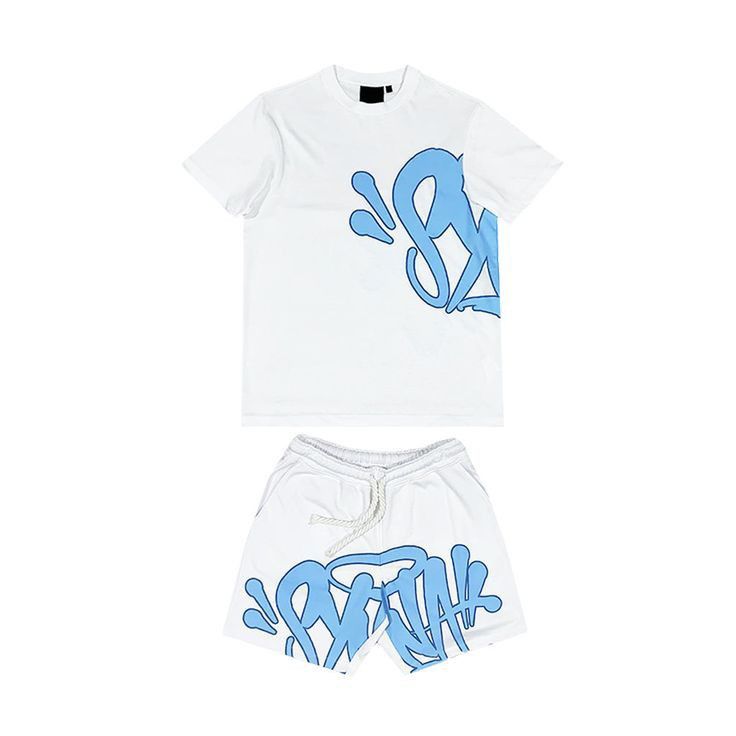 White t-shirt and shorts set with blue graphics on a white background