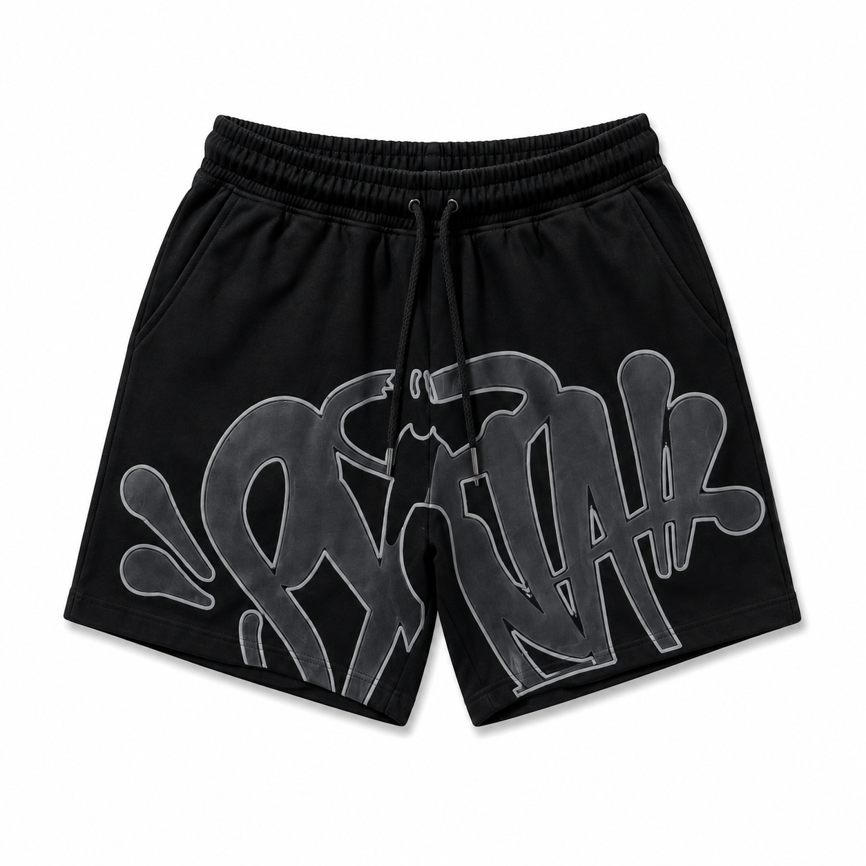 Black athletic shorts with a large gray graffiti-style graphic print on the front, featuring an elastic waistband and drawstring.