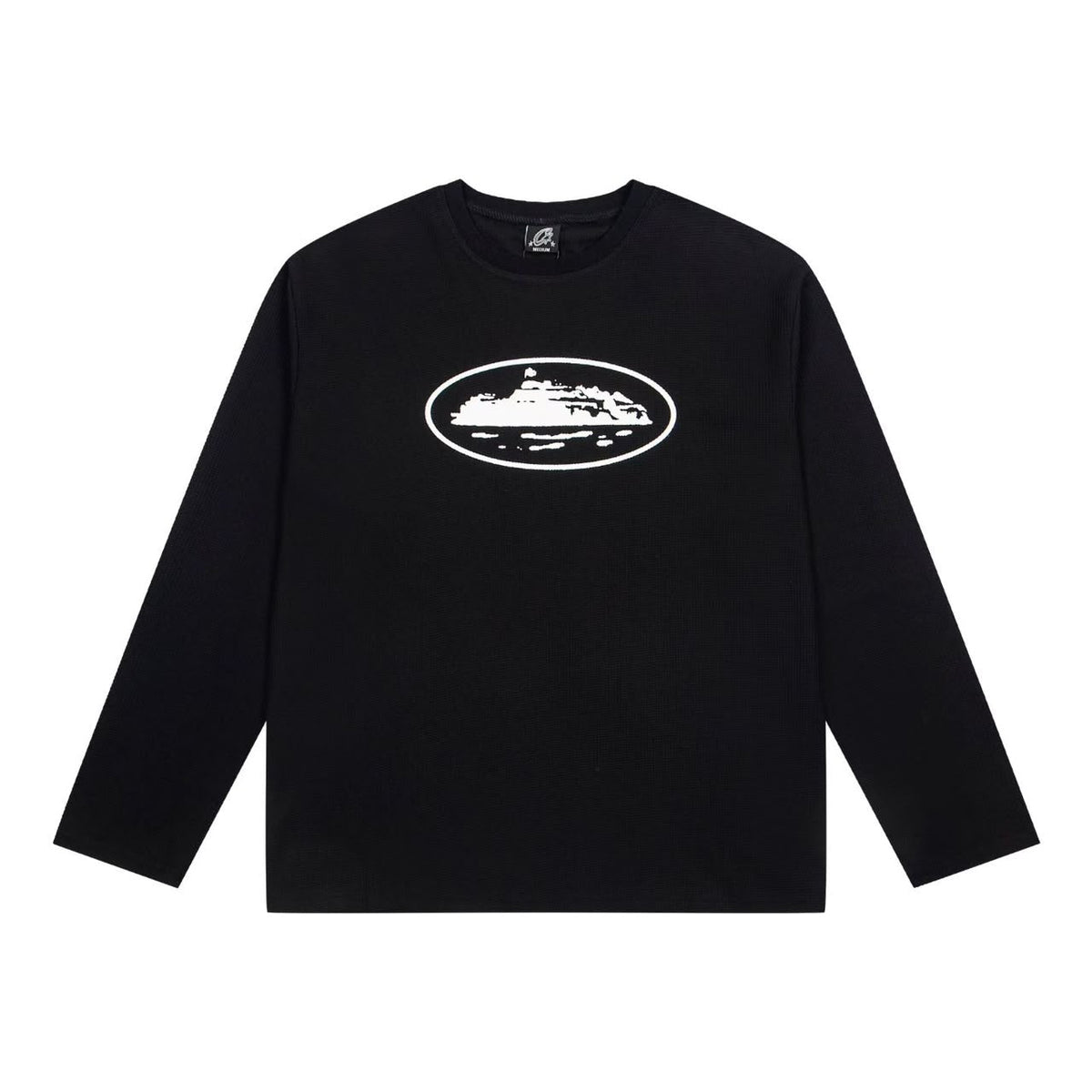 Corteiz Alcatraz Waffle Long Sleeve in Black with chest oval logo