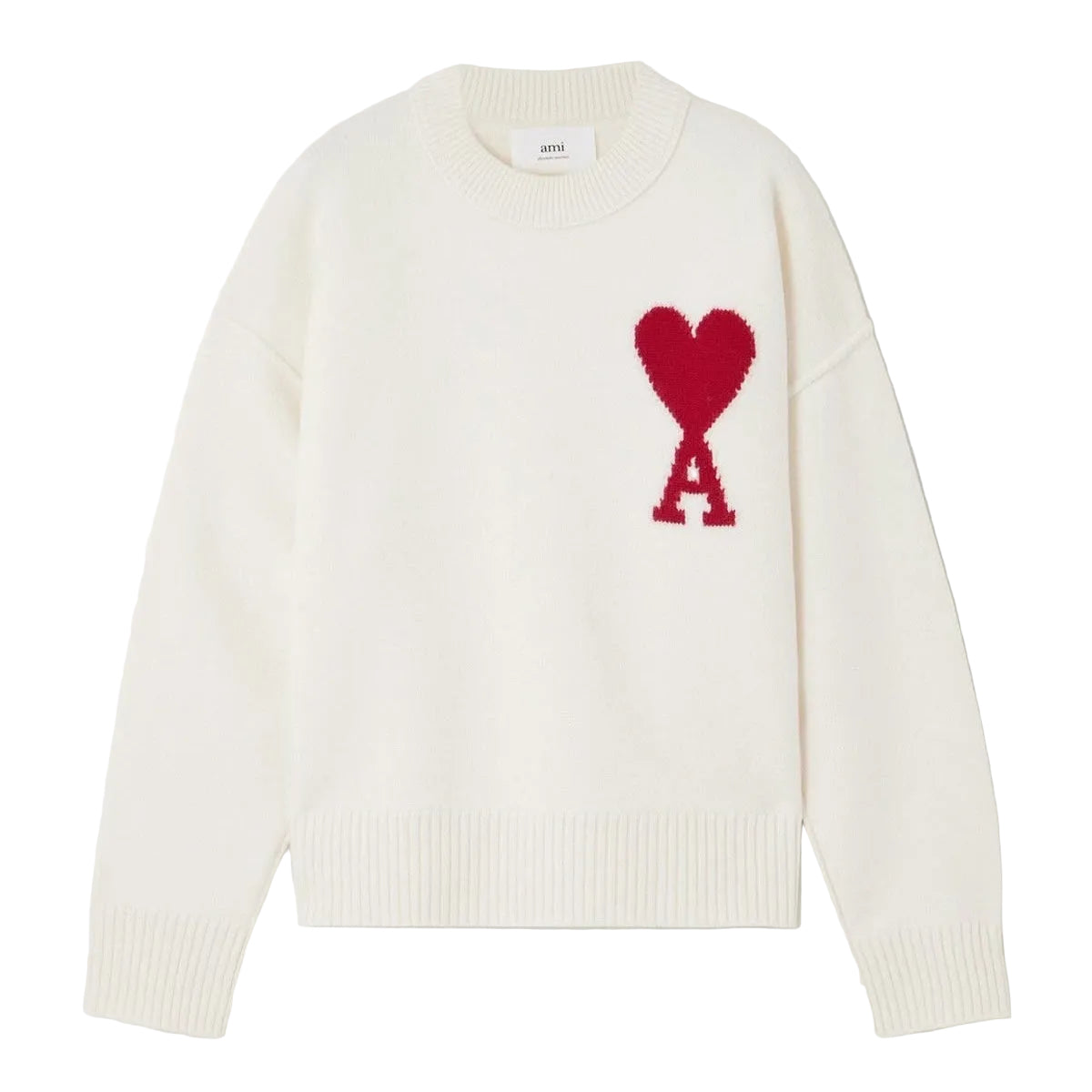 An off-white knit crewneck sweater featuring a red heart and letter 'A' logo on the left chest, displayed against a clean white background.