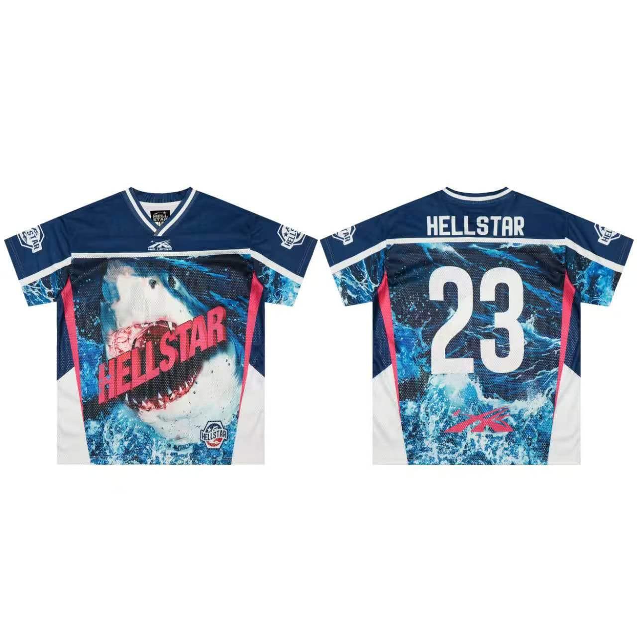 Front and back views of a navy blue and white athletic jersey featuring a shark graphic, the word 'HELLSTAR' in red, and the number 23 on the back.